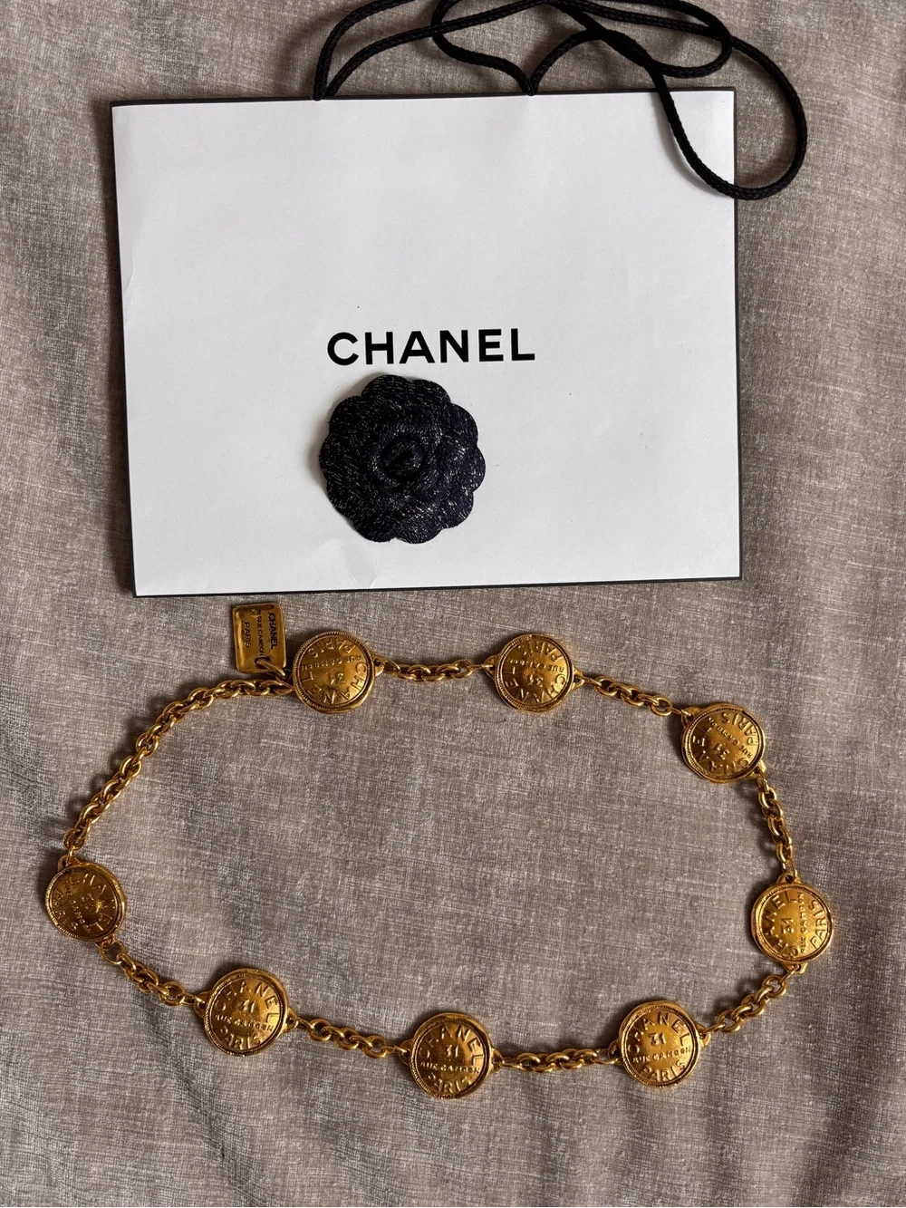 Authentic CHANEL medallion charm gold plated Rue Cambon 31 medallion belt 80cm